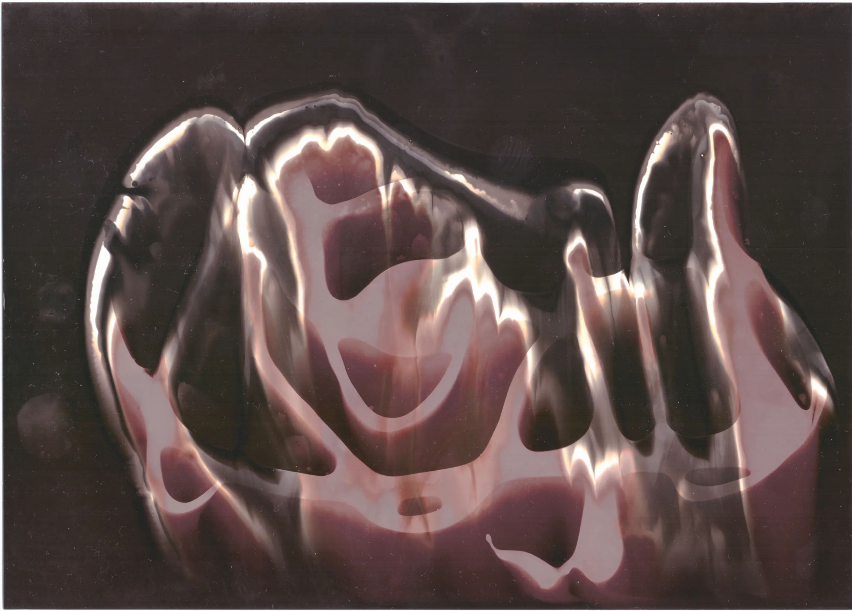 Glossy, rose-like pale forms on a dark ground