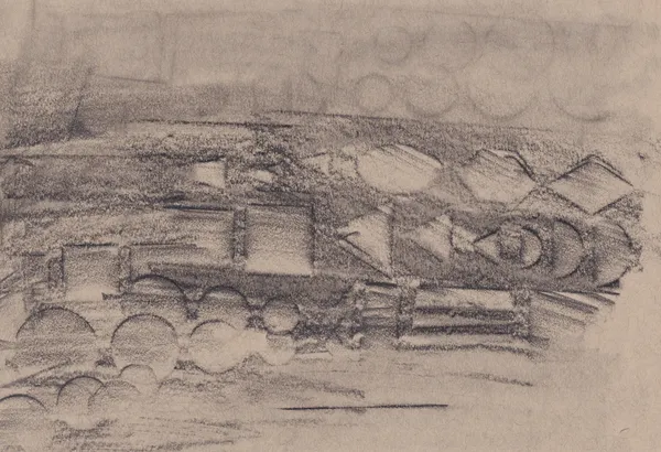 Charcoal rubbing on brown paper: a band of blocks, triangles and half-circles running across the sheet like a frieze