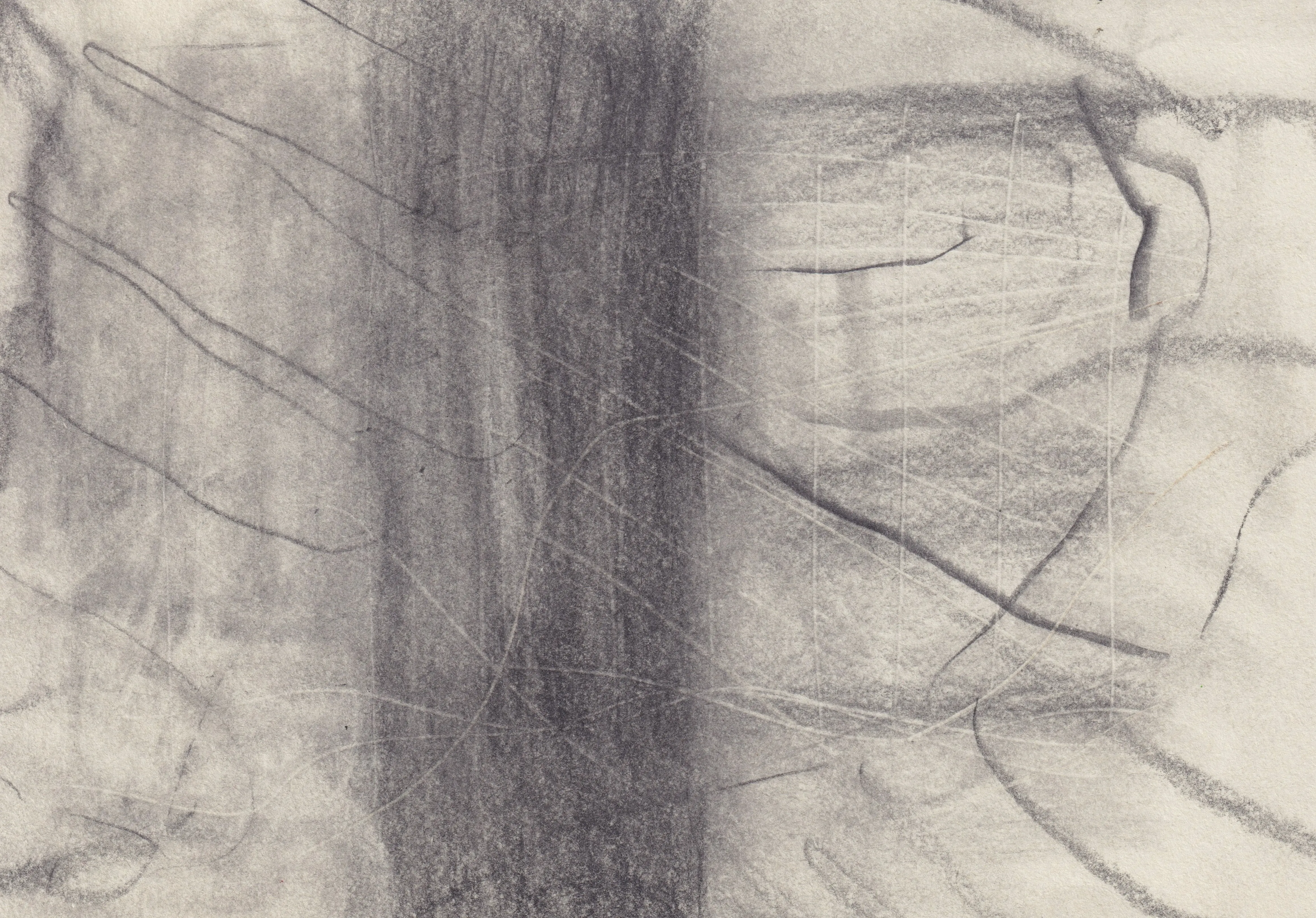 Graphite drawing on cream paper with a dense dark vertical band down the middle and thin horizontal lines to its right