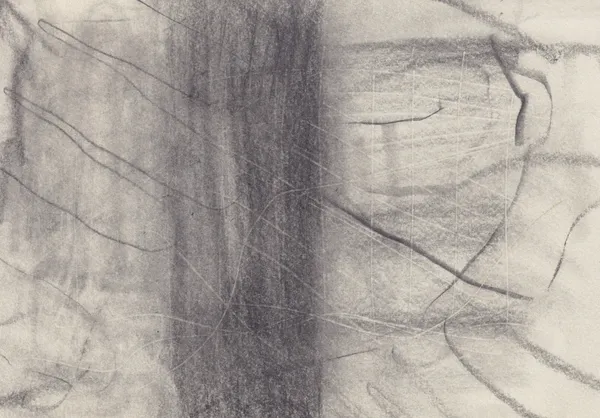 Graphite drawing on cream paper with a dense dark vertical band down the middle and thin horizontal lines to its right