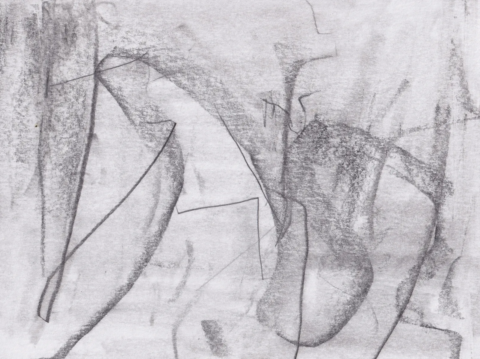 Graphite drawing on white paper: a leaf-like arc on the left and a rounded column shape on the right