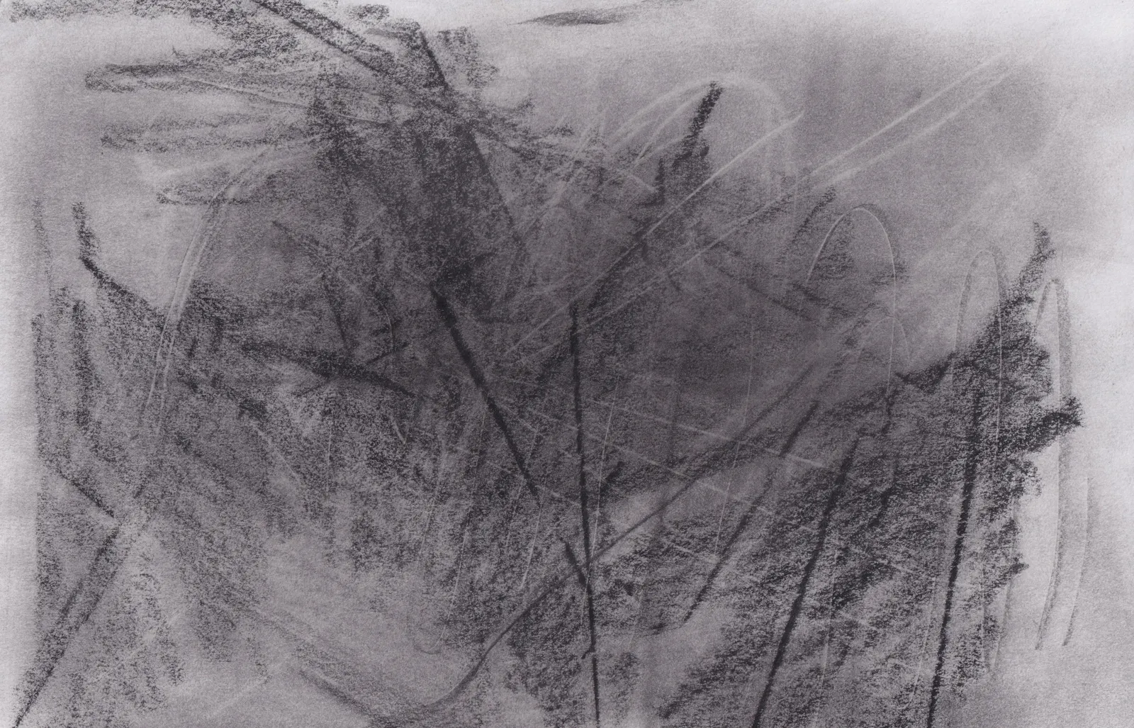 Heavy dark graphite hatching on white paper, crossed by thin straight lines, with a lighter haze at upper right
