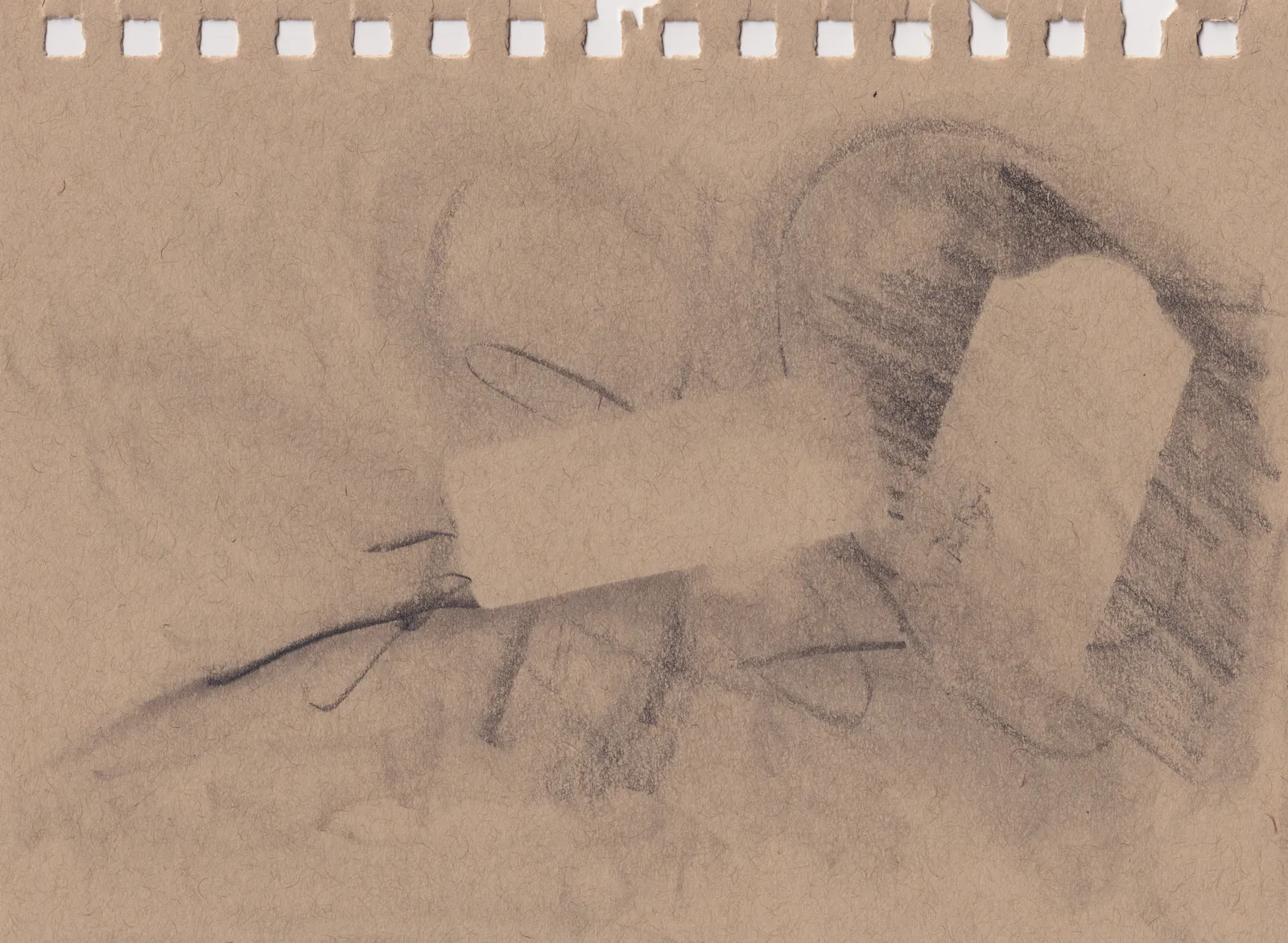 Pencil drawing on a brown sketchbook page: two bare blocks of paper left clear among soft shading and hatching, with a few dark looping lines and torn spiral-binding holes along the top edge