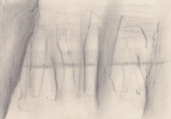 Graphite drawing on cream paper: a dark slanting band at the left and a row of tall, uneven vertical shapes cut across by one horizontal line