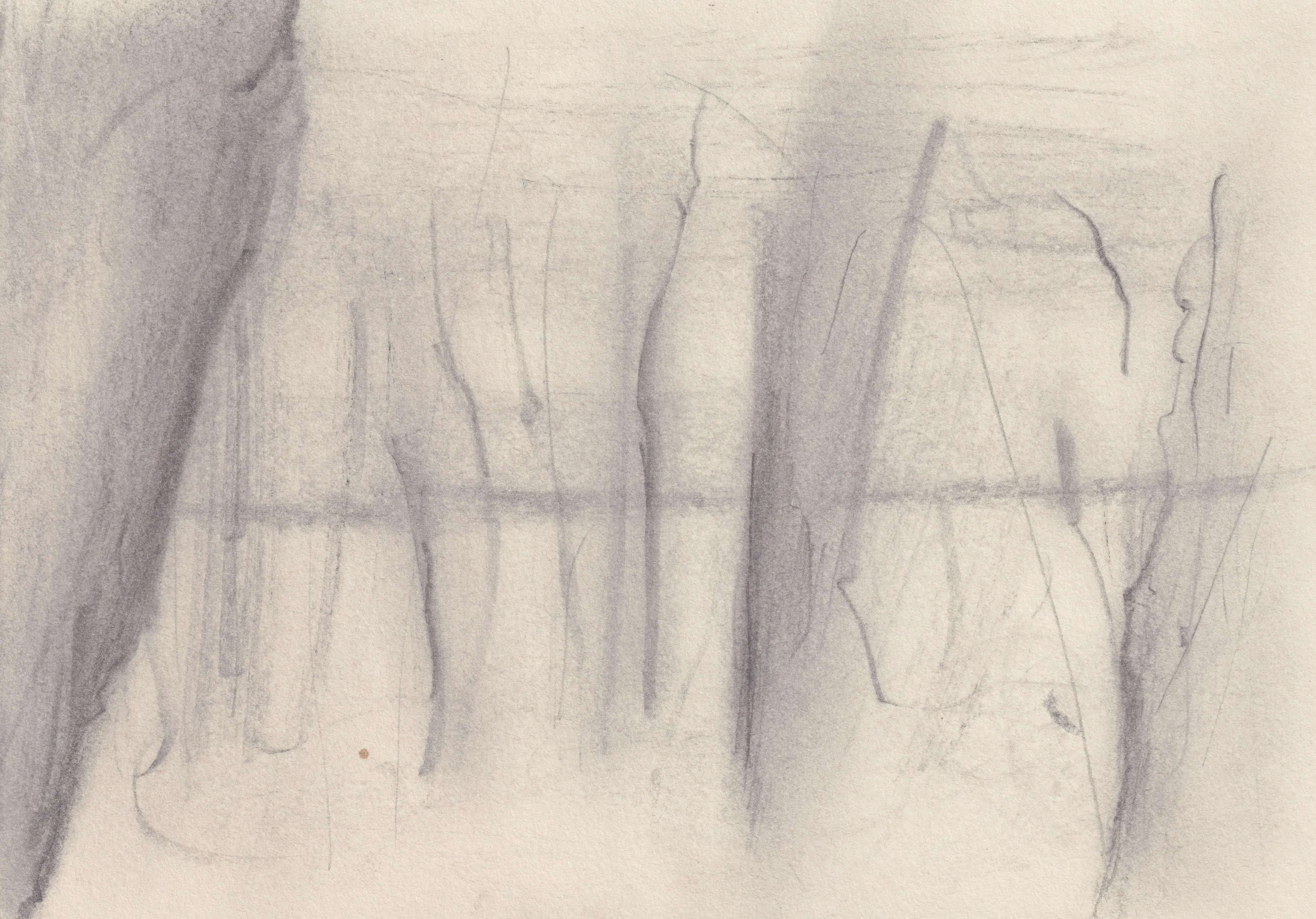 Graphite drawing on cream paper: a dark slanting band at the left and a row of tall, uneven vertical shapes cut across by one horizontal line