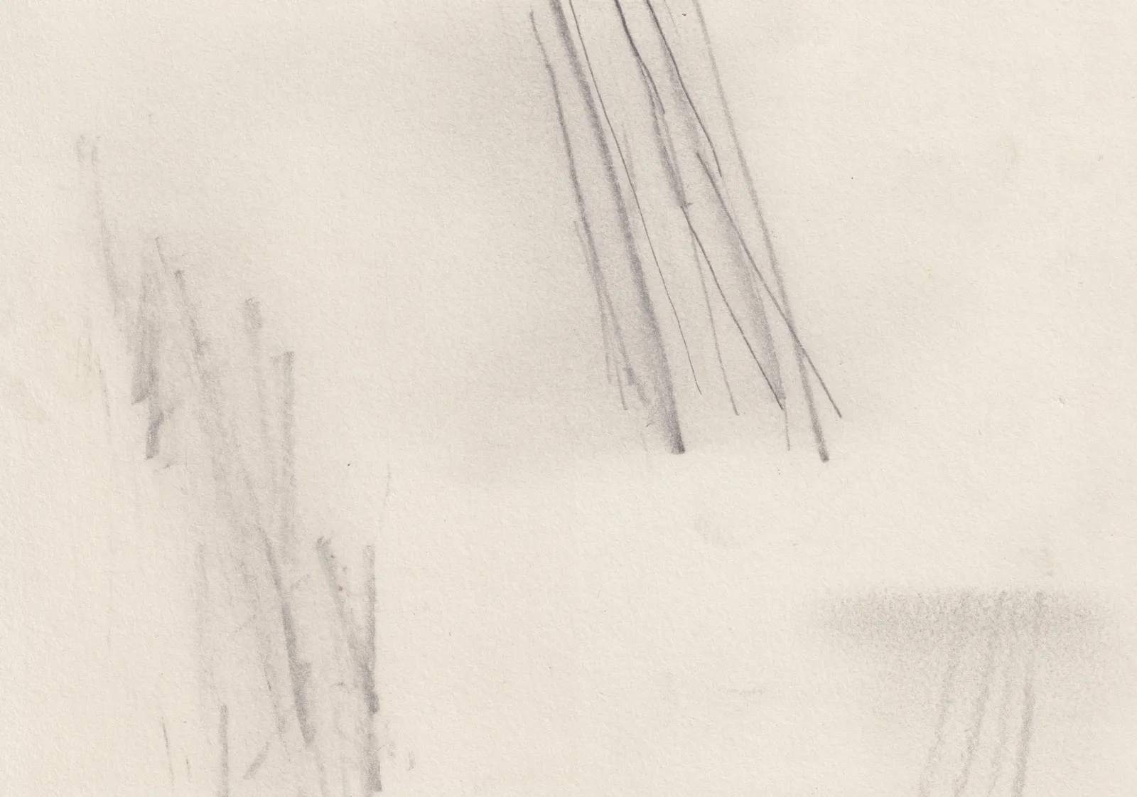 Sparse graphite drawing on cream paper: a fan of long straight lines slanting down from the top edge, a faint hatched patch at lower left and a soft grey smudge at lower right