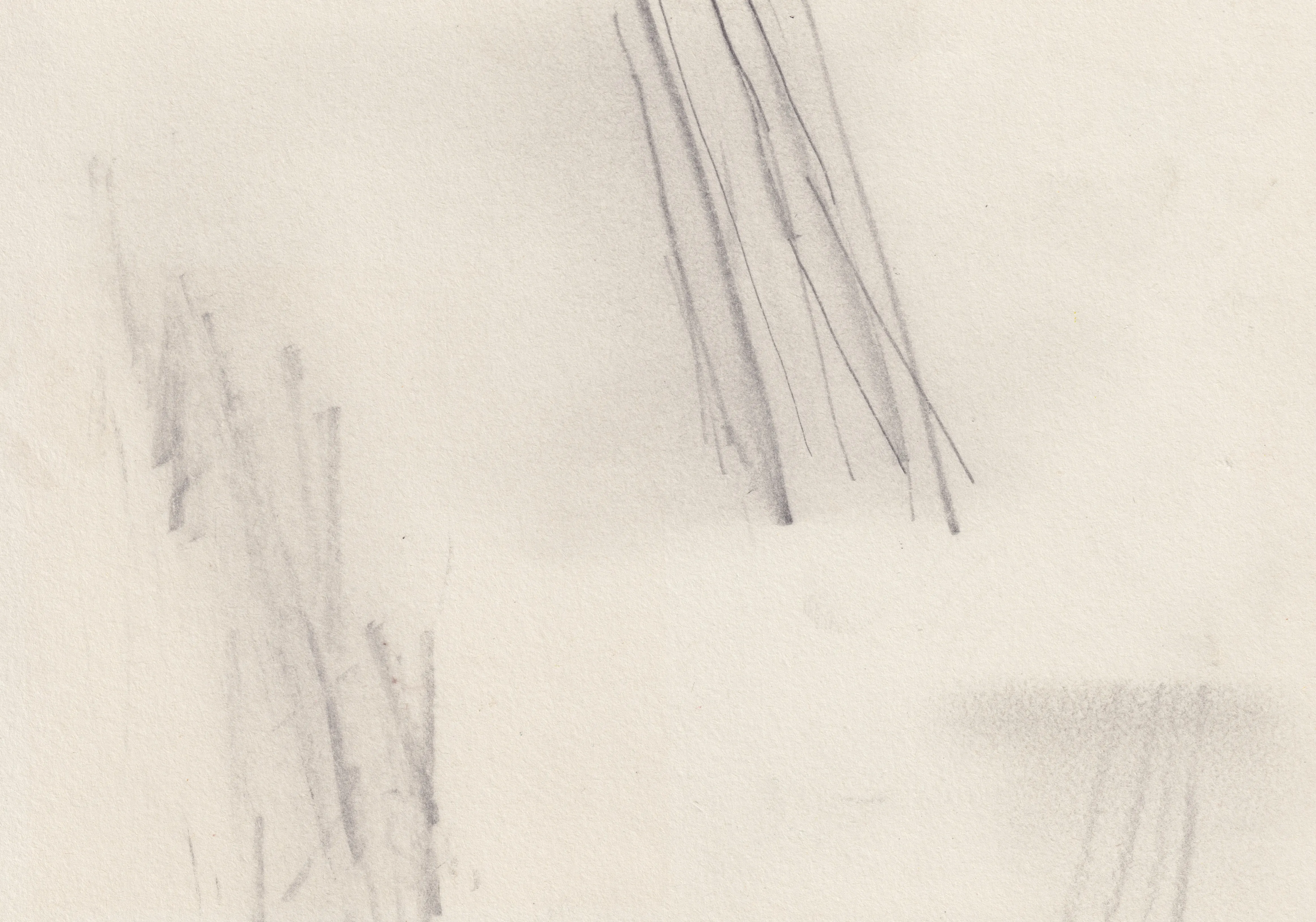 Sparse graphite drawing on cream paper: a fan of long straight lines slanting down from the top edge, a faint hatched patch at lower left and a soft grey smudge at lower right