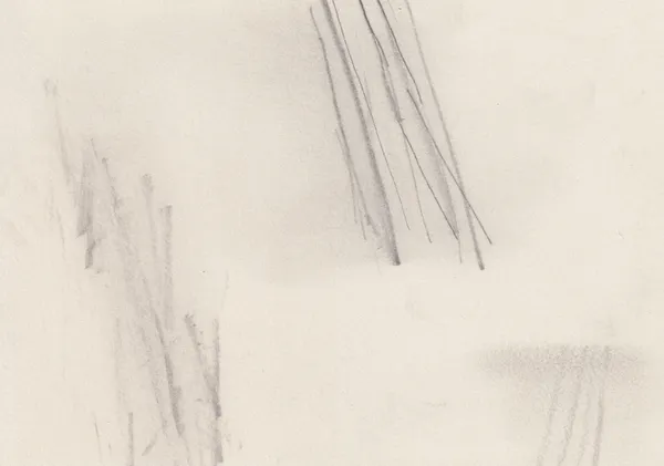 Sparse graphite drawing on cream paper: a fan of long straight lines slanting down from the top edge, a faint hatched patch at lower left and a soft grey smudge at lower right