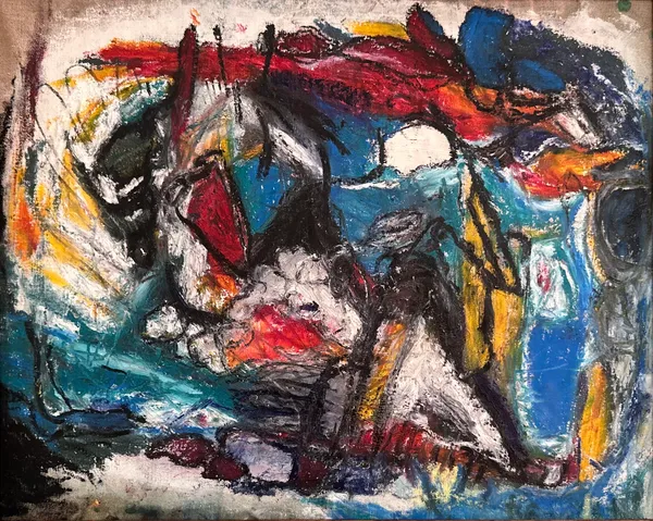 Dense, thickly worked abstract in blue, red, black and yellow, with a white burst near the top
