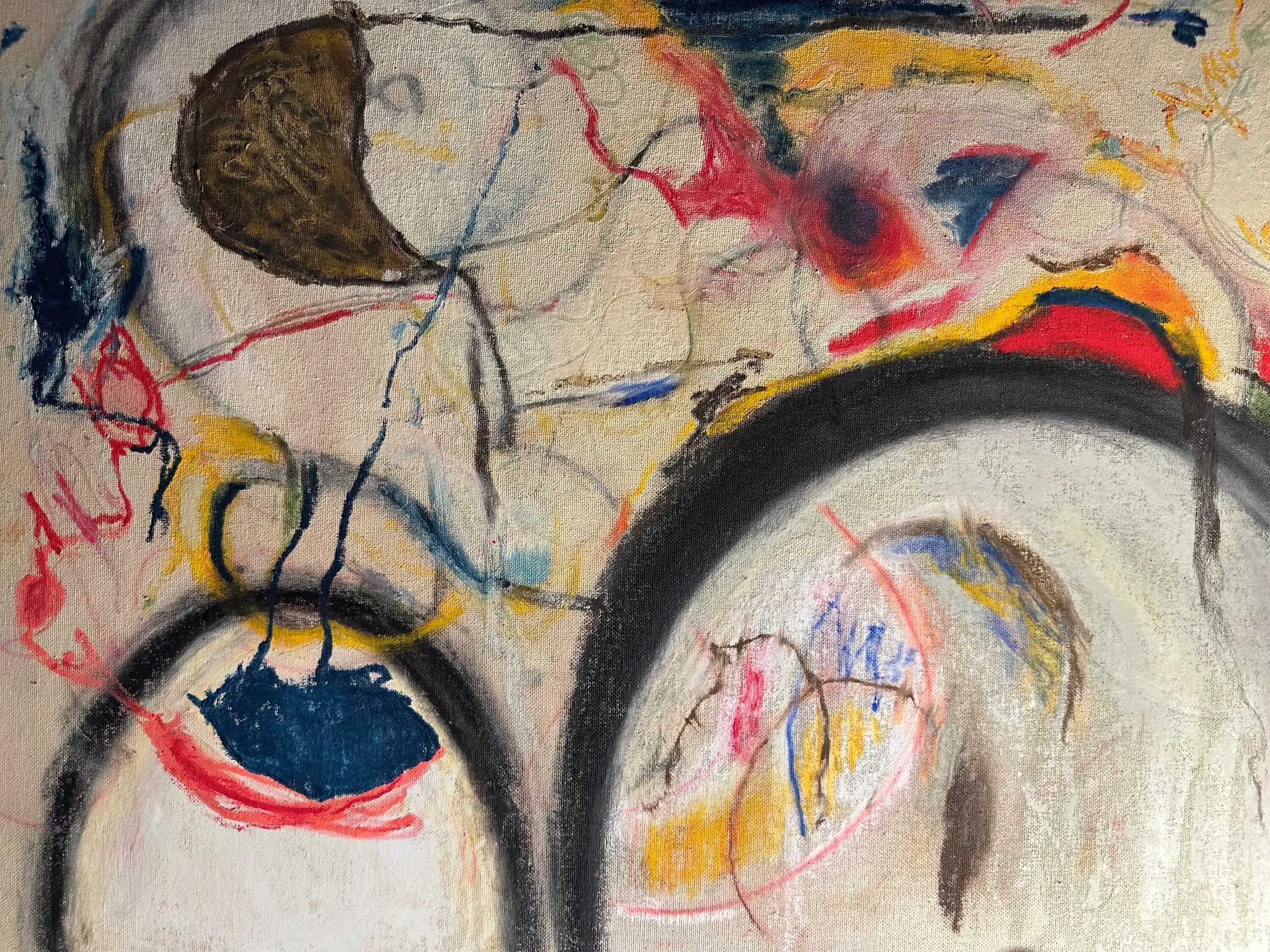 Pale ground crossed by two heavy black arches, with a dark crescent, a blue shape and fine red, yellow and blue lines