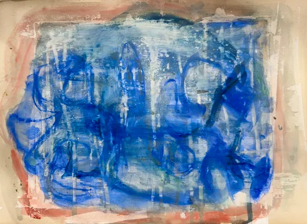 Wash of vivid blue with looping darker lines, framed by a pale pink border on cream paper