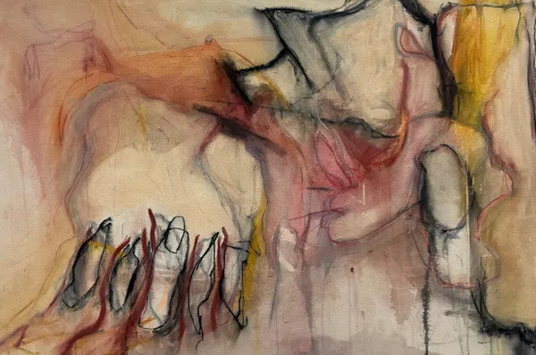 Wide canvas of tan and rose washes with black and maroon charcoal lines and a yellow band at the right