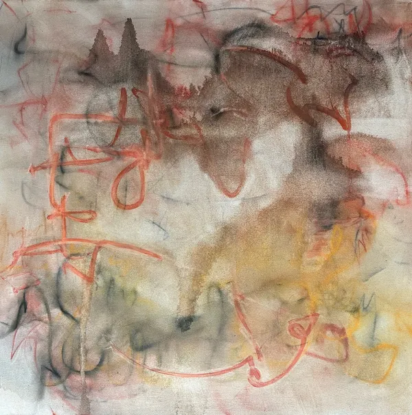 Hazy grey and ochre ground scrawled with loose red and coral lines, darker smudges along the top