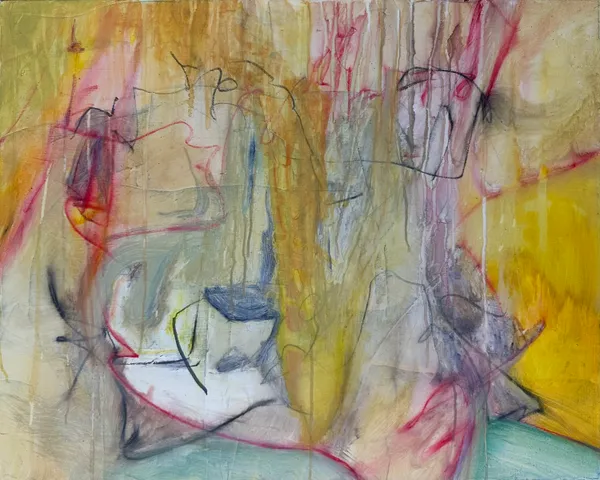 Yellow-washed canvas with thin drips and loose blue, red and black lines, a pale blue corner at the lower right