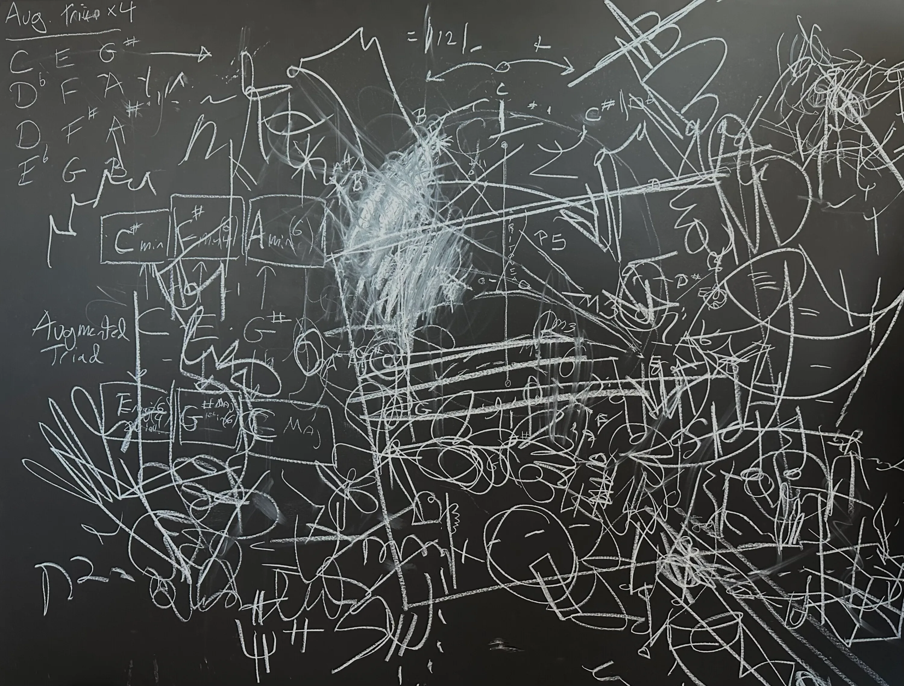 Chalk on a blackboard: dense white scribbles and circles among written musical note names and chord diagrams