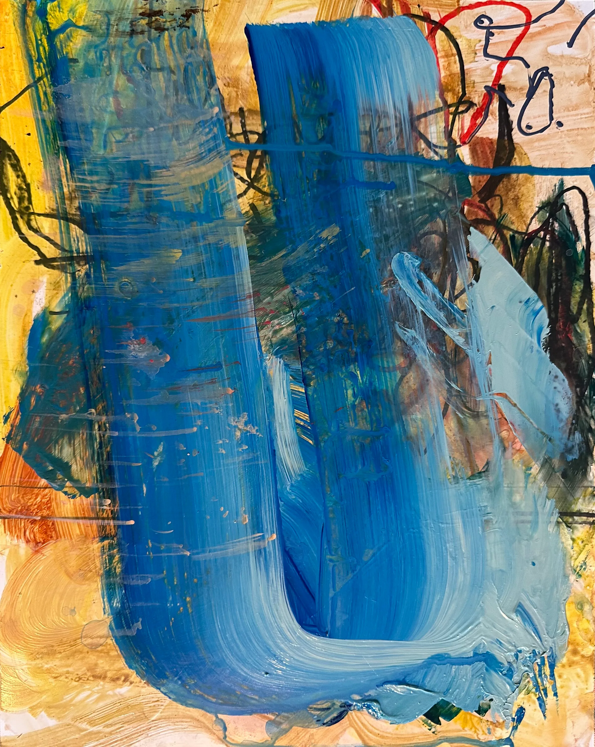 A broad blue U-shaped brushstroke over yellow and orange, with dark scribbled lines and letters around it
