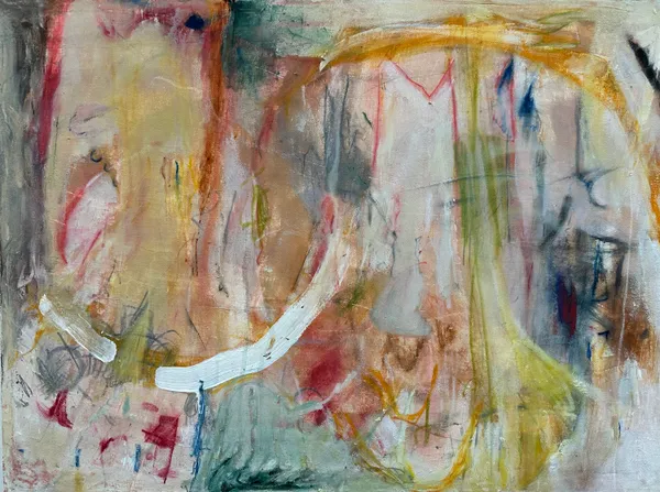 Pale, stained canvas with a white curve, a yellow arch and scattered red, blue and black marks