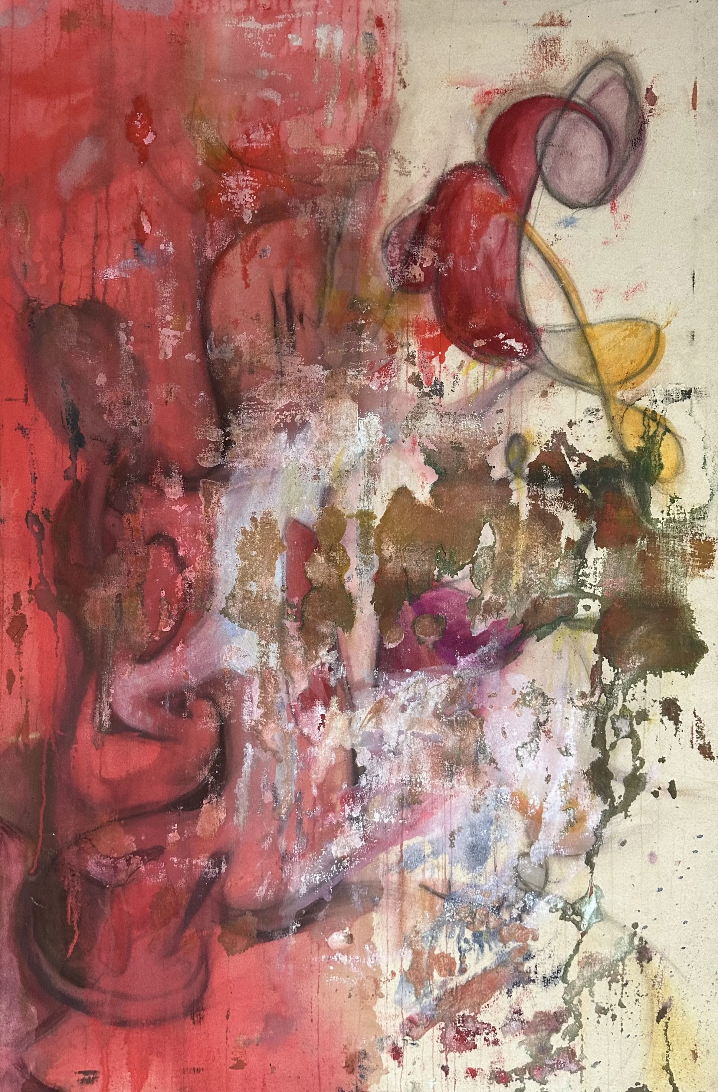 Tall canvas, washed red down the left and raw cream on the right, with a dark red looping form and a yellow swirl at the upper right over a band of flaking brown, pink and white