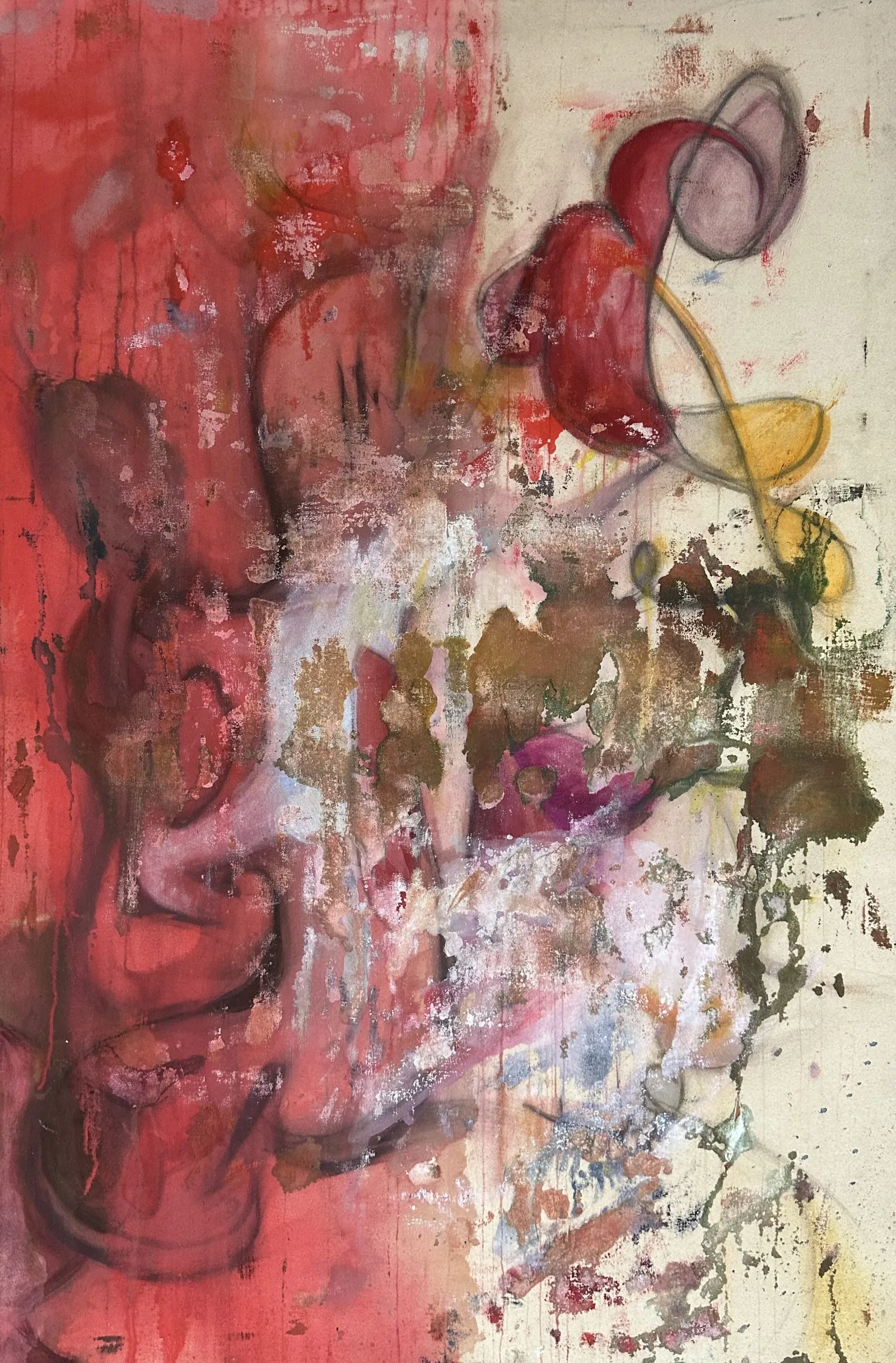 Tall canvas, washed red down the left and raw cream on the right, with a dark red looping form and a yellow swirl at the upper right over a band of flaking brown, pink and white