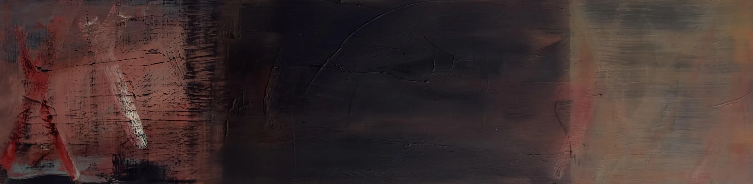Long, narrow dark painting fading from brown to red