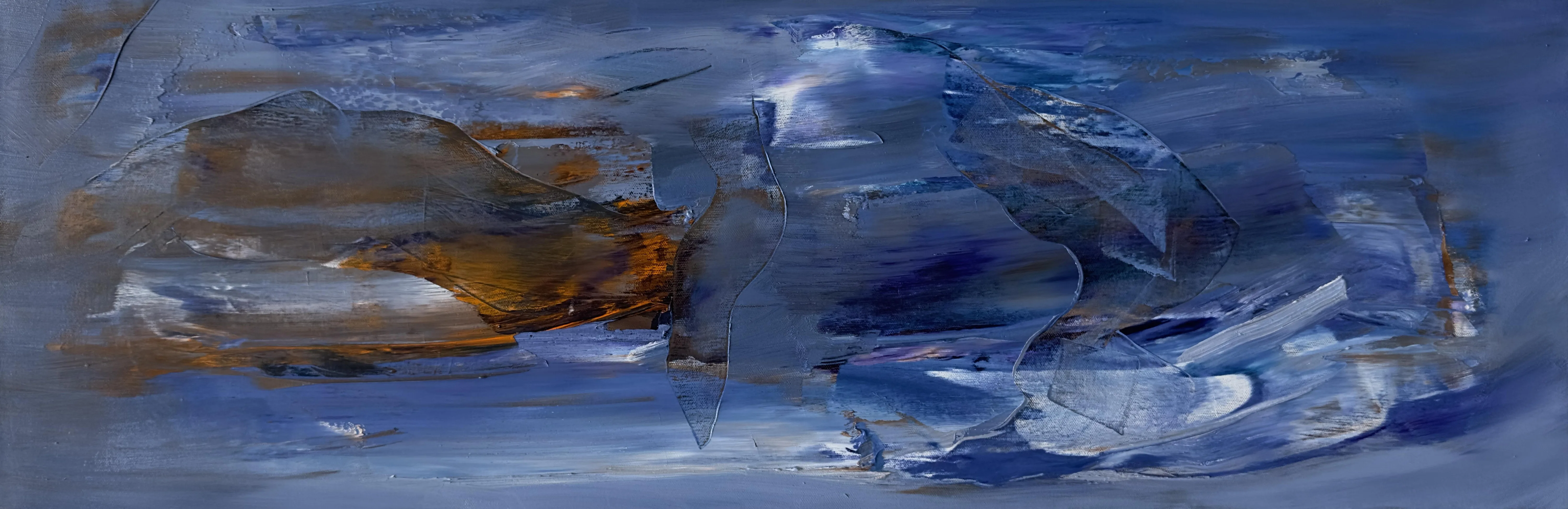 Long abstract of swirling blue strokes with a streak of ochre