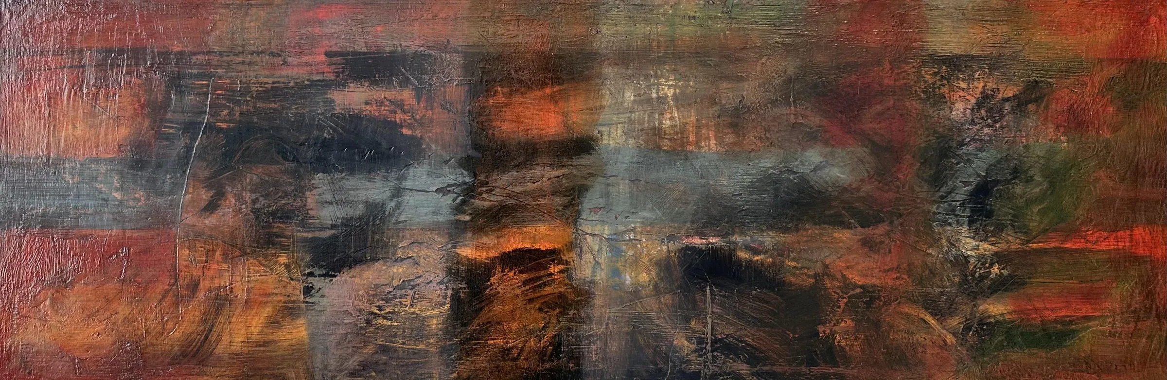 Long abstract of broken orange and black horizontal marks