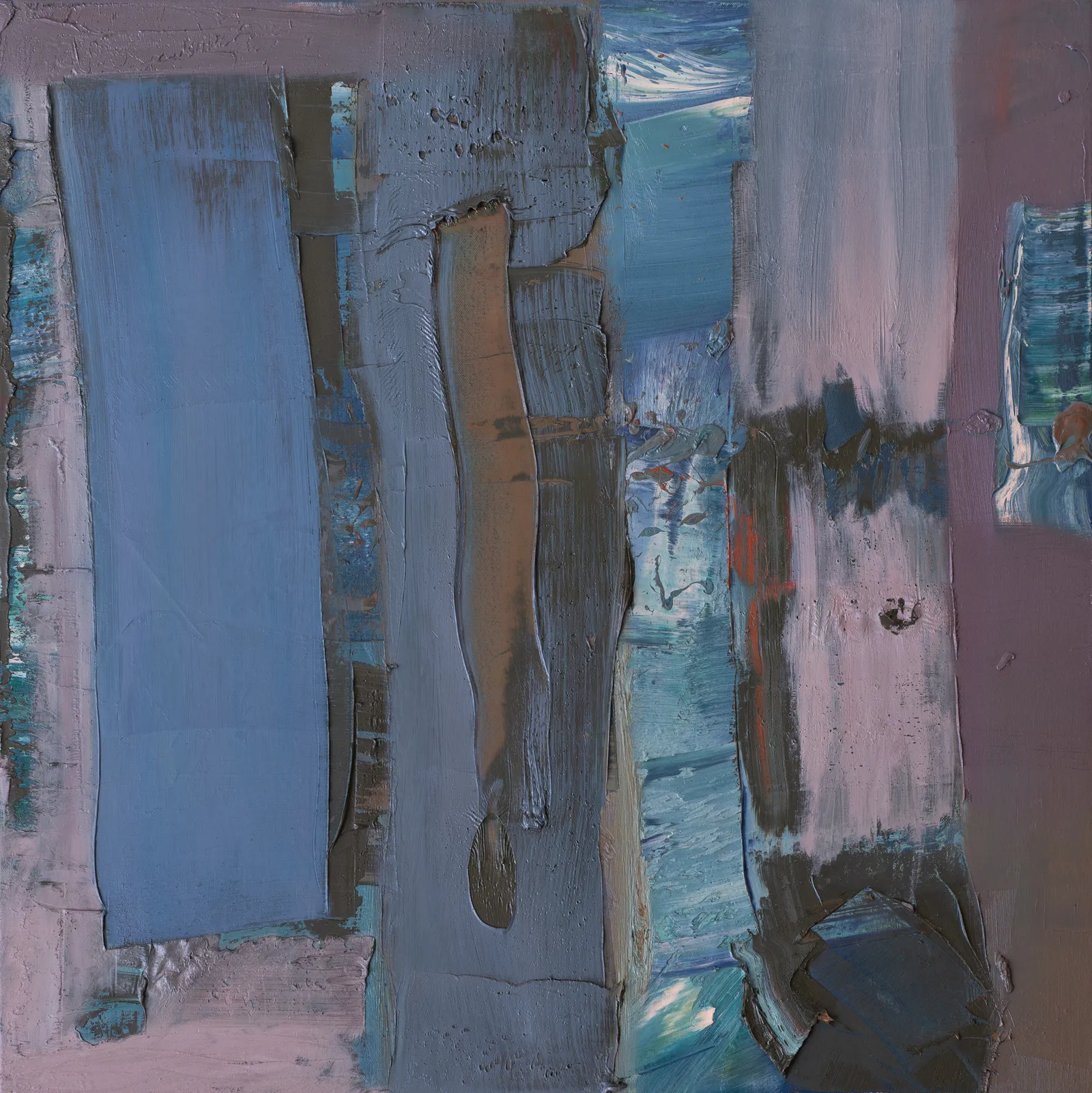 Thick vertical slabs of grey, brown, and pale pink paint