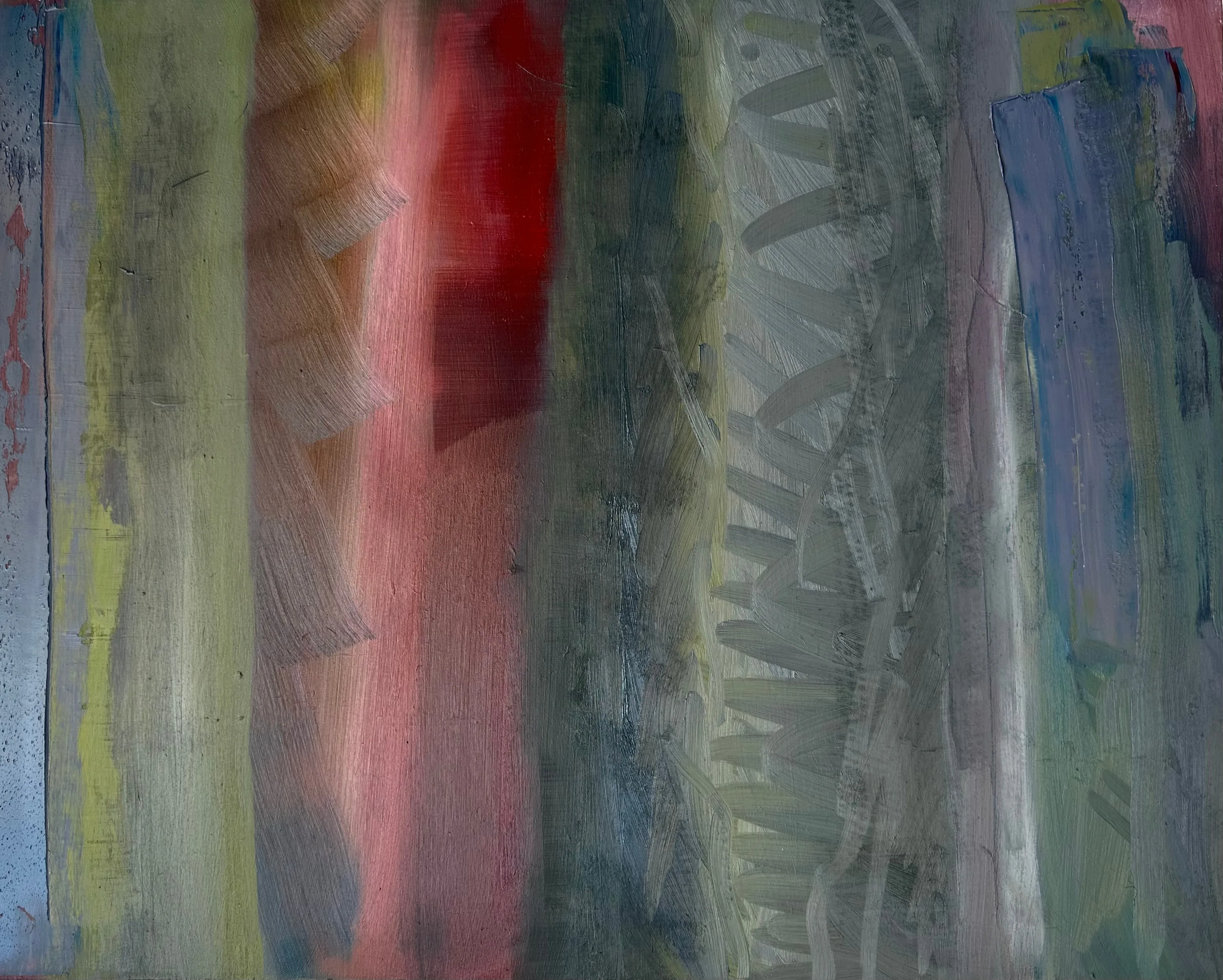 Vertical stripes of olive, pink, grey, and blue