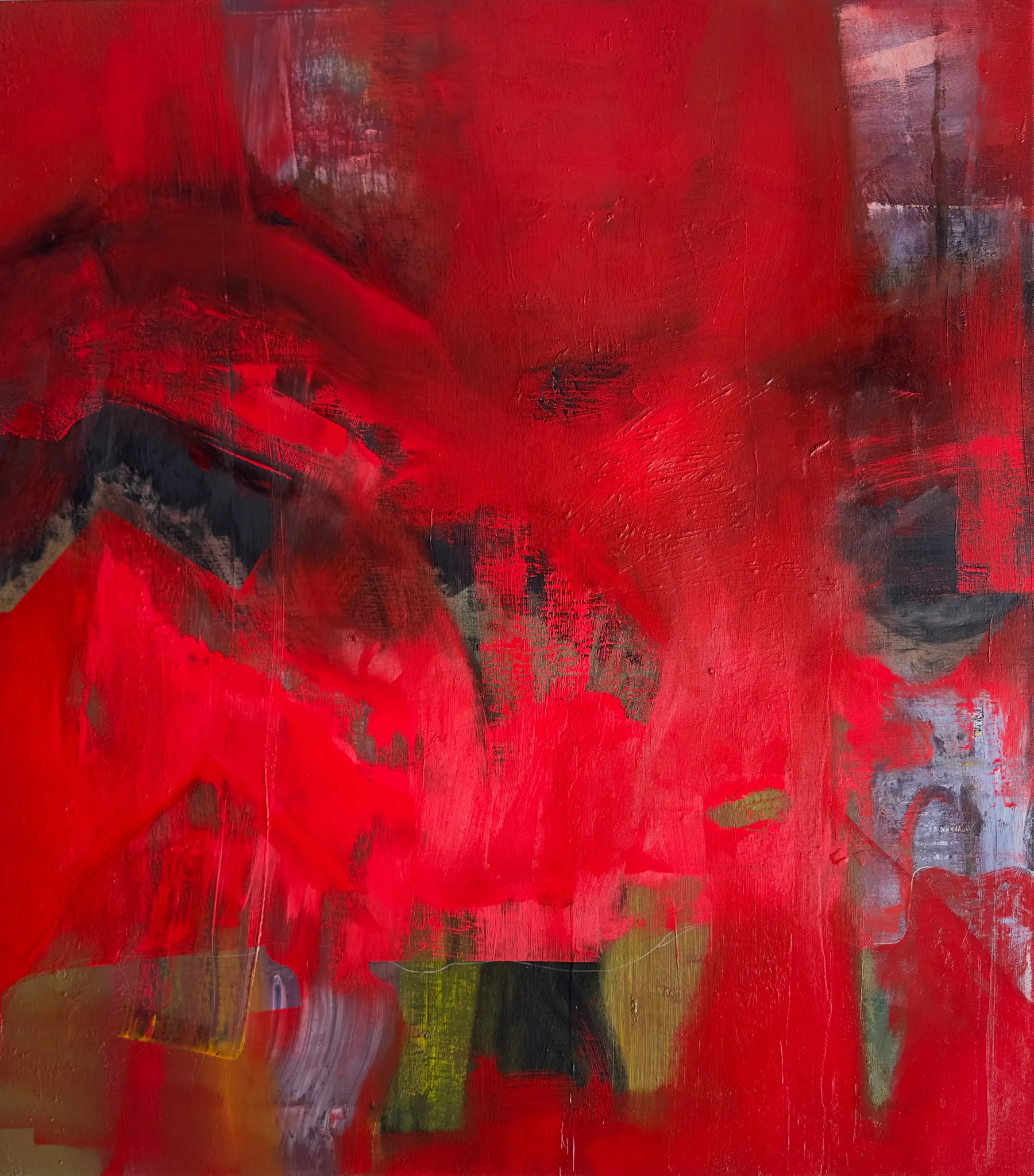 Vivid red abstract with dark marks and small green and black shapes