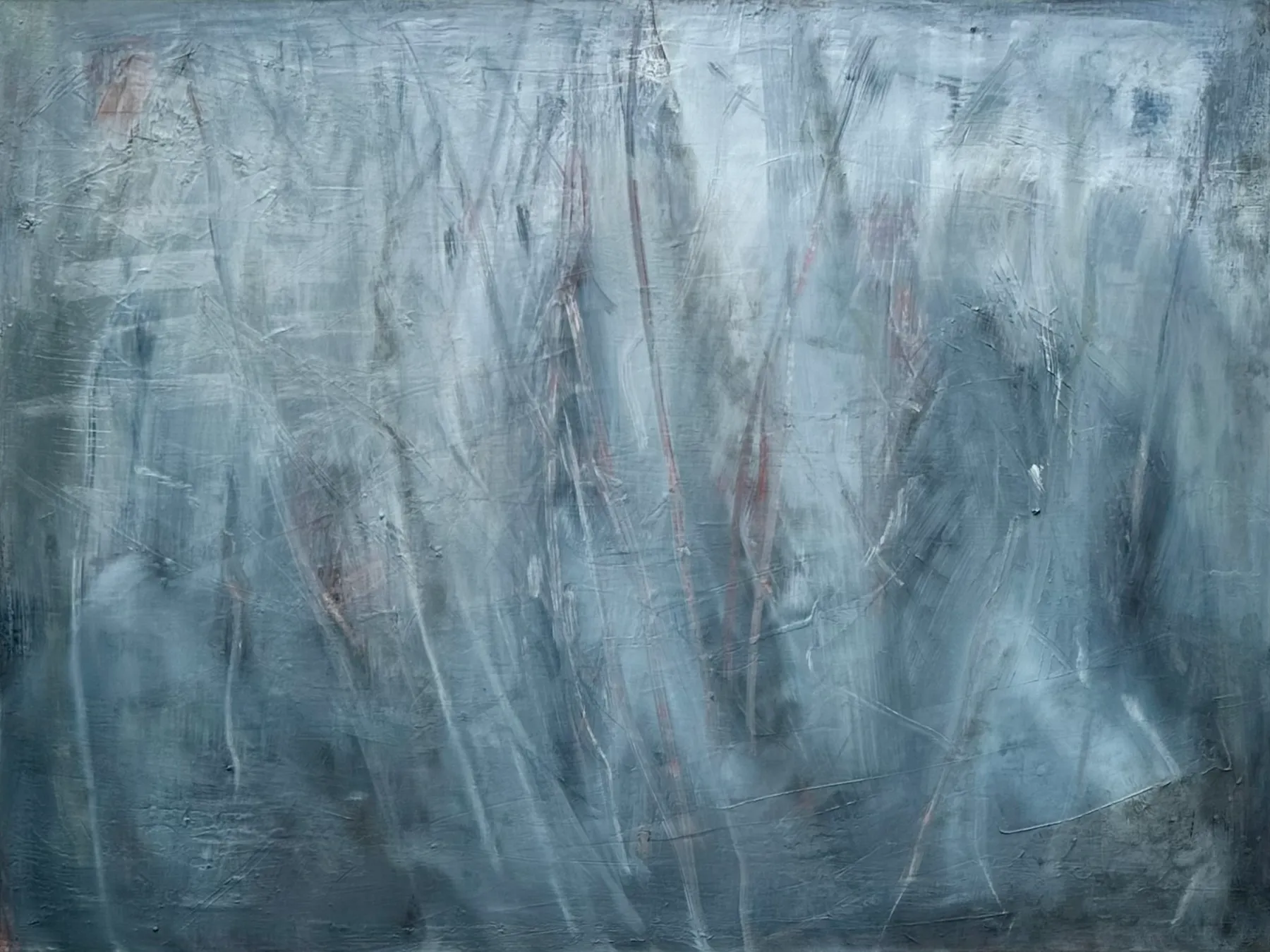 Wide pale blue-grey canvas veiled in soft white strokes with faint scratched lines