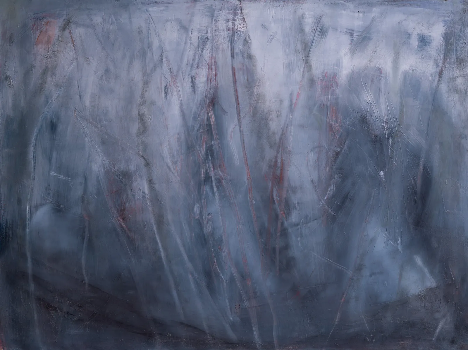 Wide pale blue-grey canvas veiled in soft white strokes with faint scratched lines