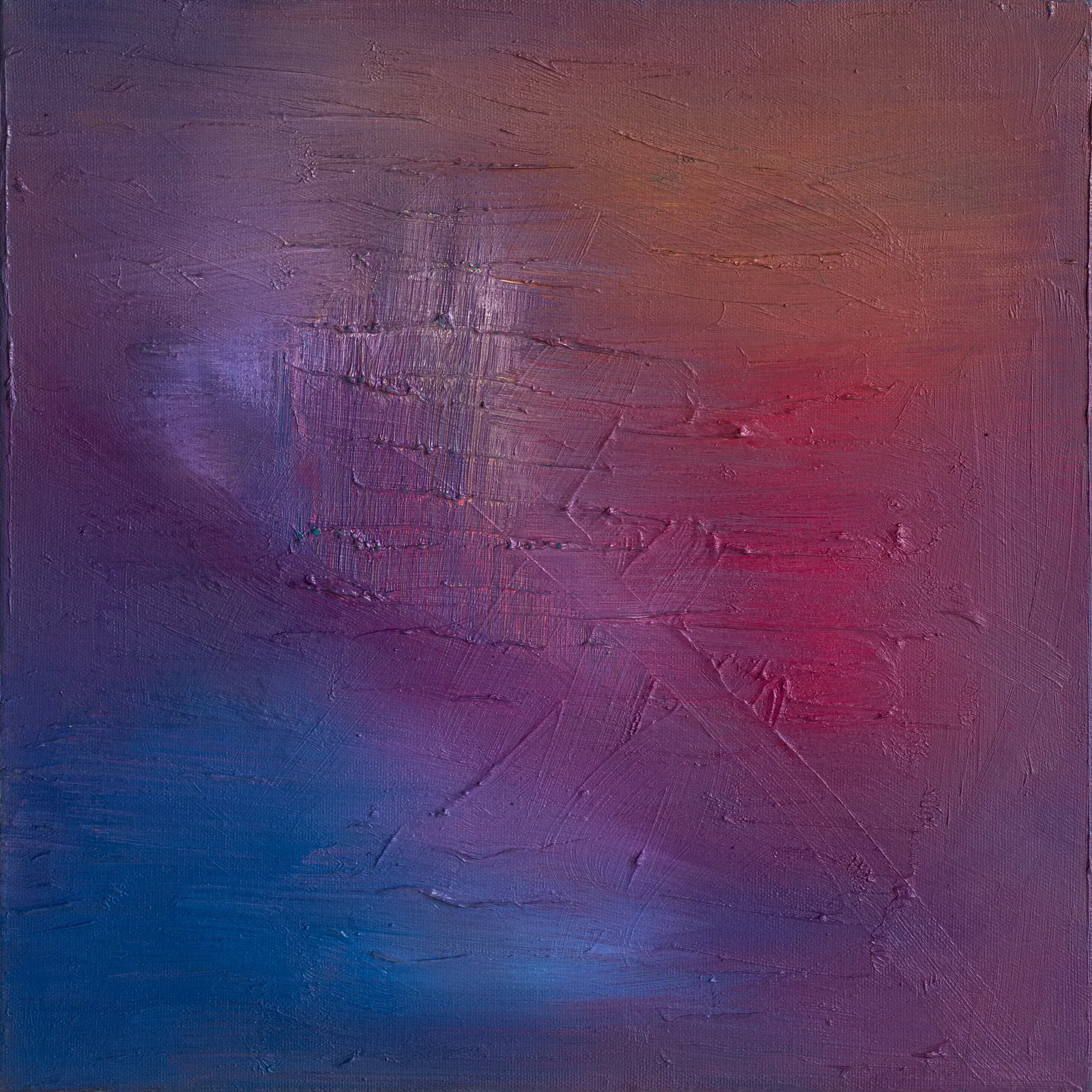 Canvas fading from purple at the top to red at the right and blue at the lower left, with scratched horizontal lines