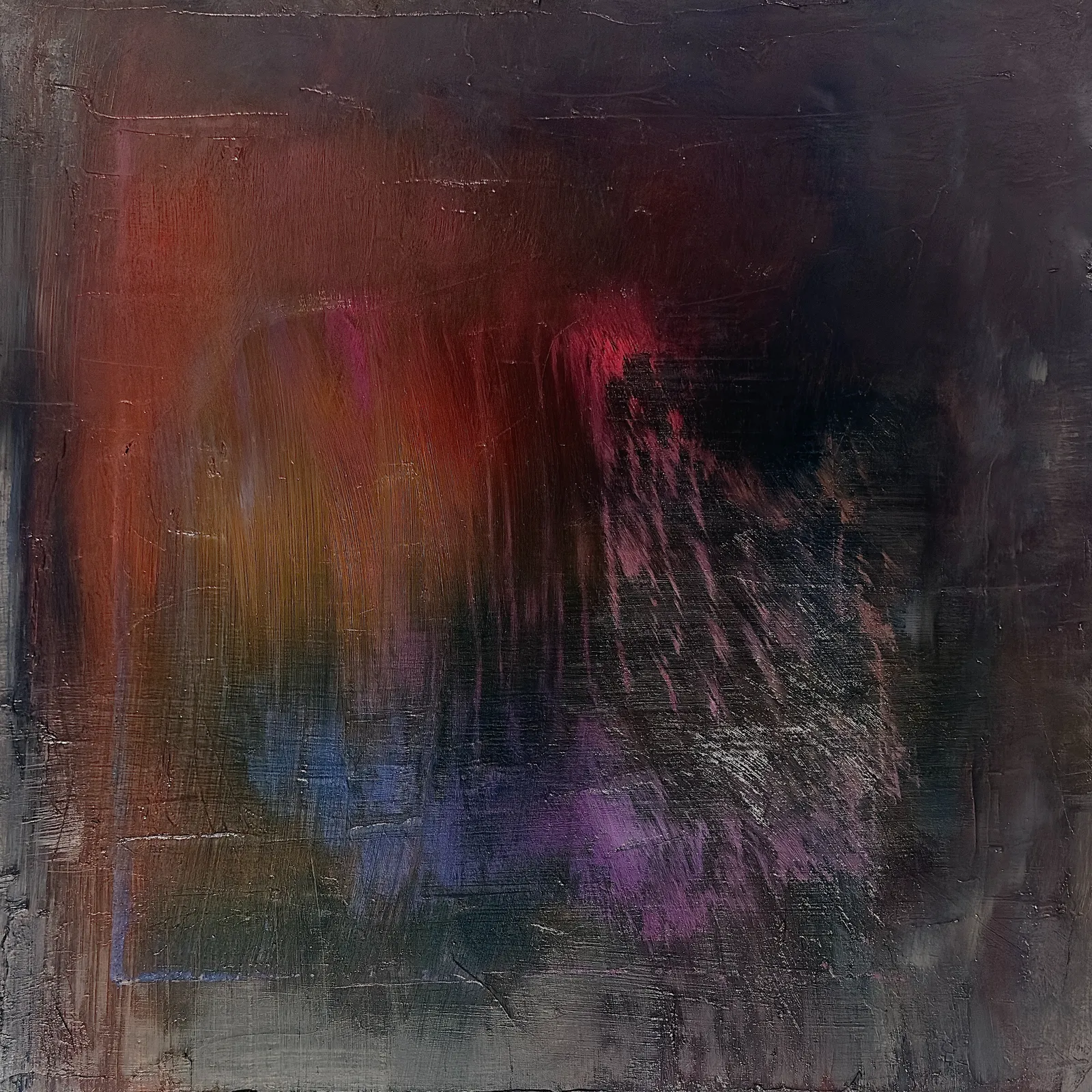 Dark canvas with a hazy glow of purple, orange, and red