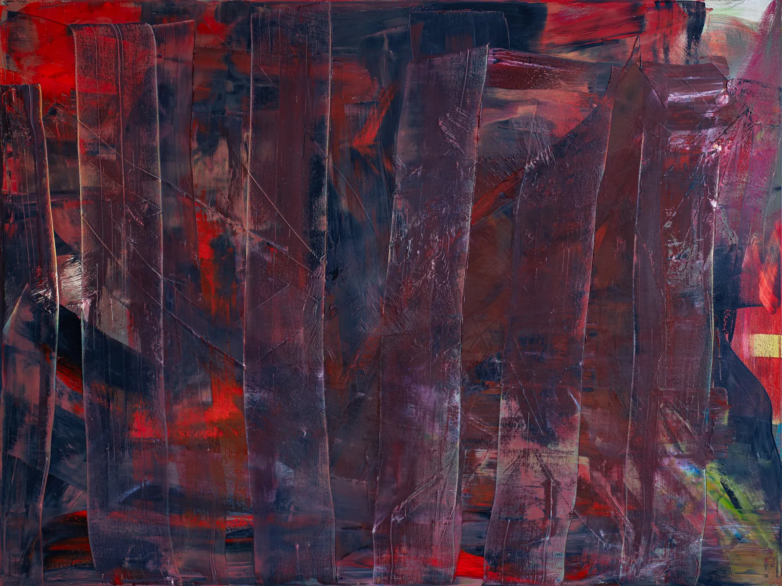 Wide canvas of dark red and black with translucent vertical bands dragged across it