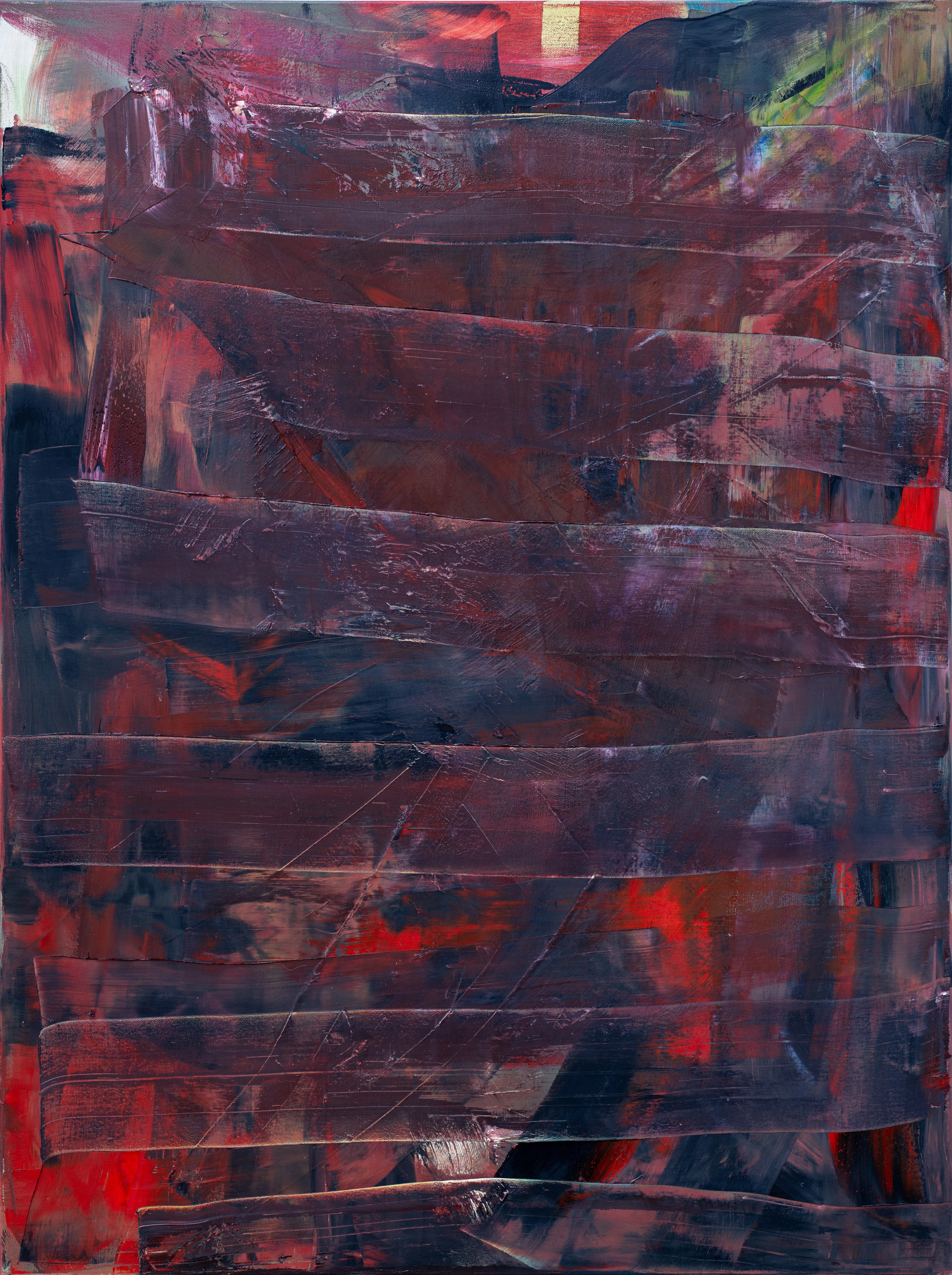 Tall canvas of dark red and black with translucent horizontal bands dragged across it