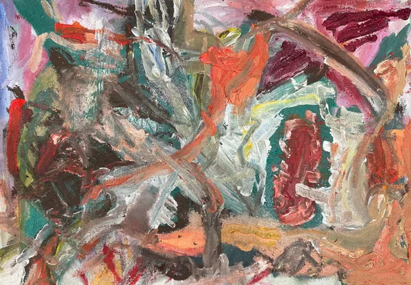 Dense, scraped layers of coral, maroon, teal and white, with a red arch-like shape at the right