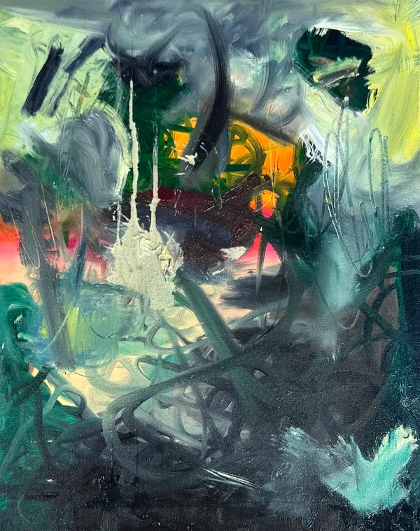 Dark green and grey ground with tangled looping strokes and a glow of yellow and orange near the top