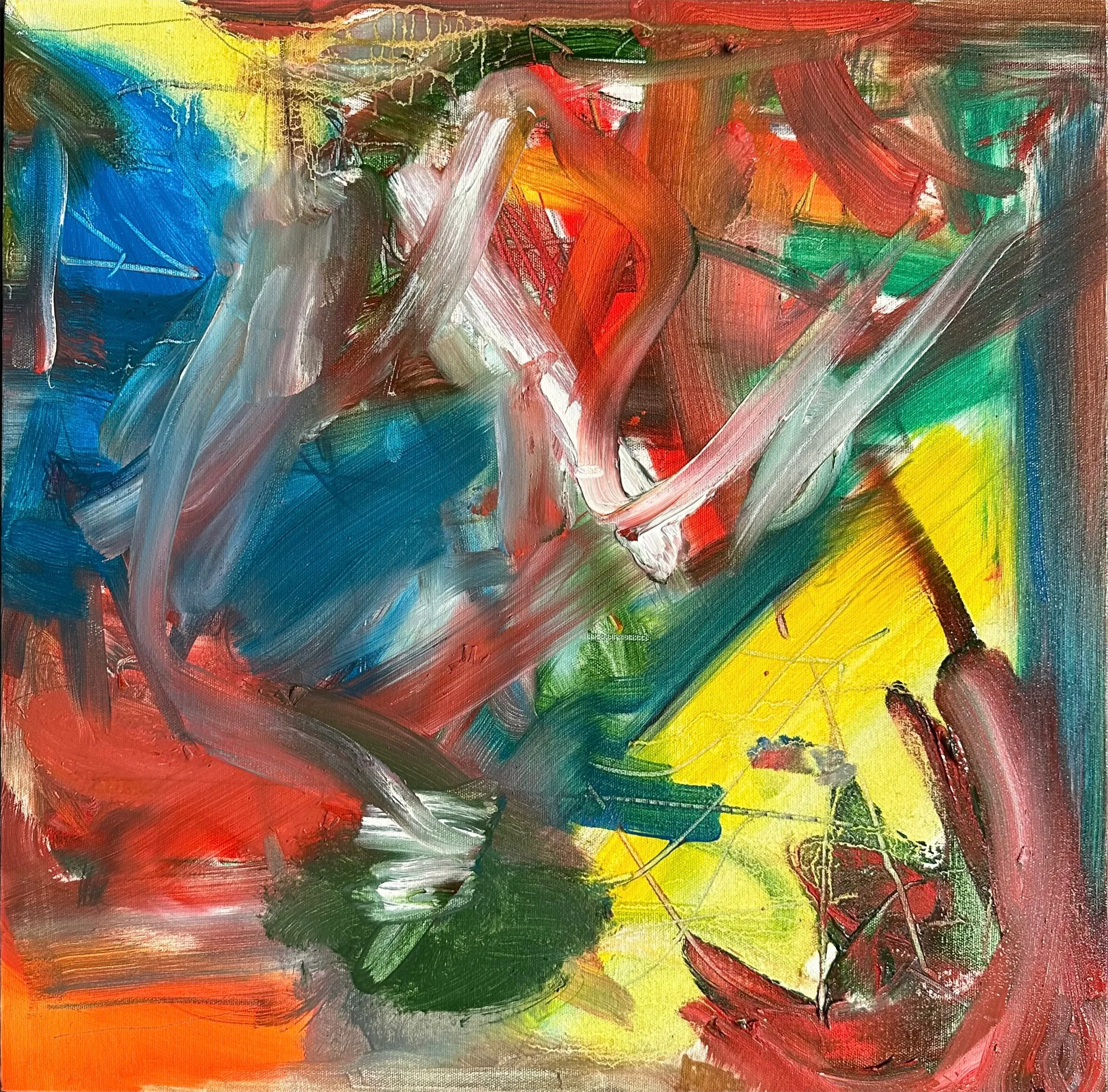 Loose, sweeping strokes of red, blue, green and white over patches of bright yellow and orange