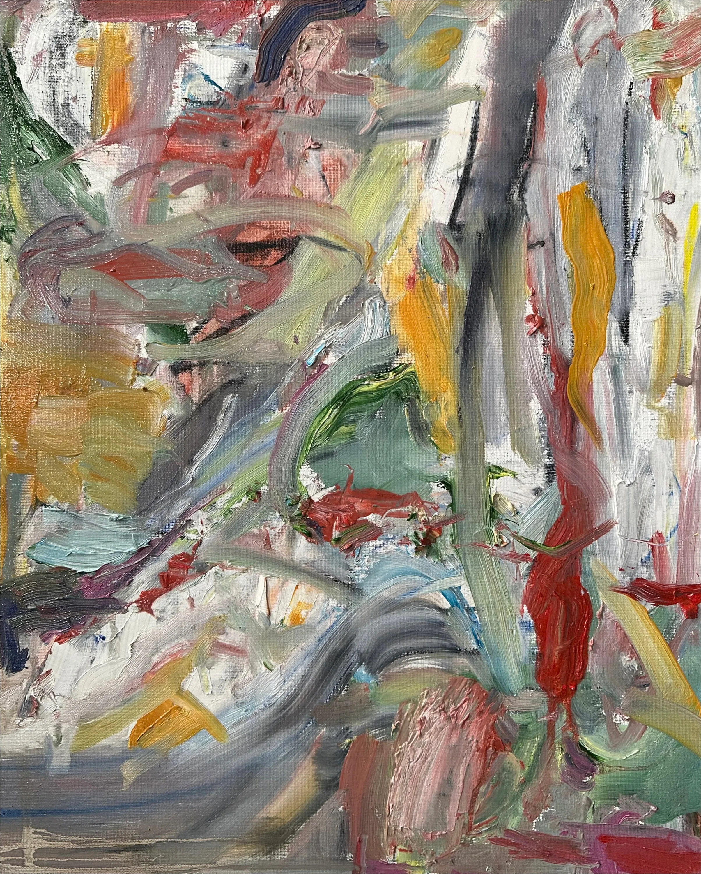 Busy, broken strokes of grey, white, ochre and red, with a dark vertical streak and a red drip at the right