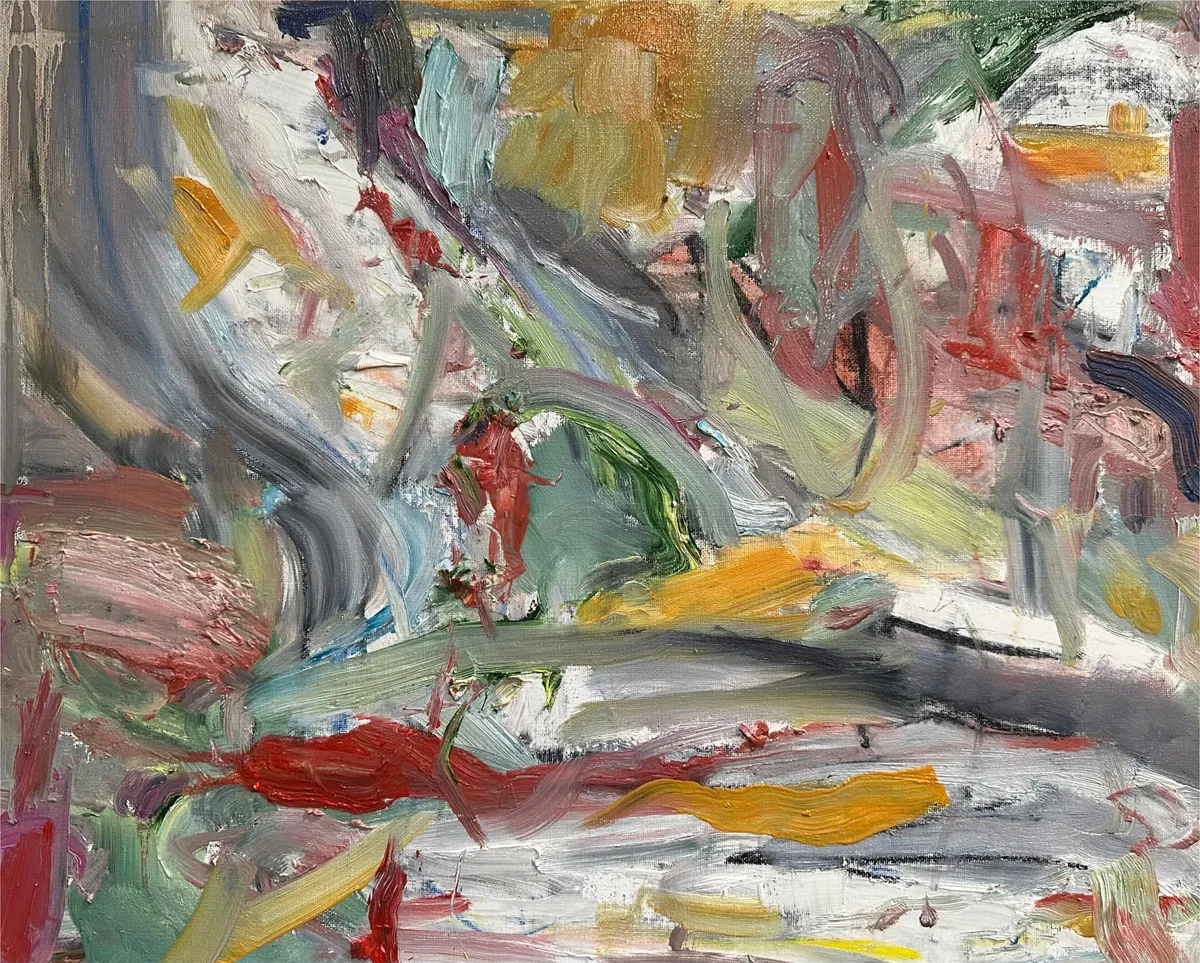 Busy, broken strokes of grey, white, ochre and red, with a dark horizontal streak and a red drip along the bottom