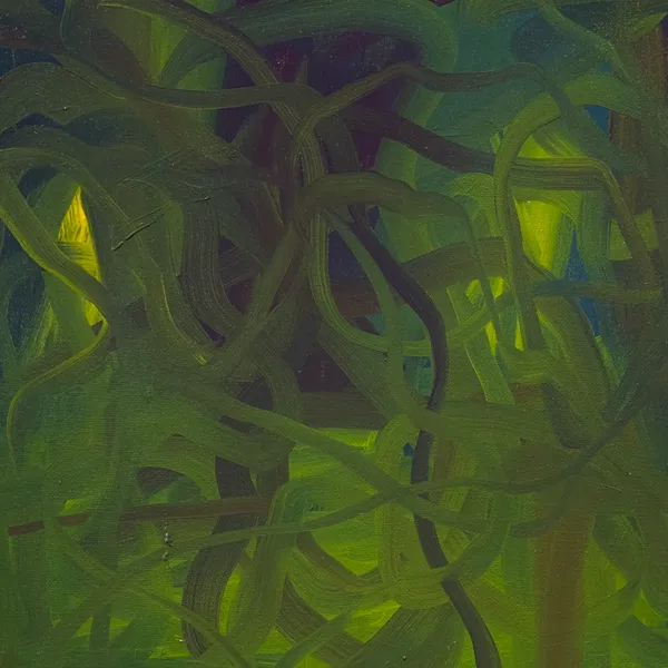 Thick olive-green ribbons of paint woven over glowing yellow-green light