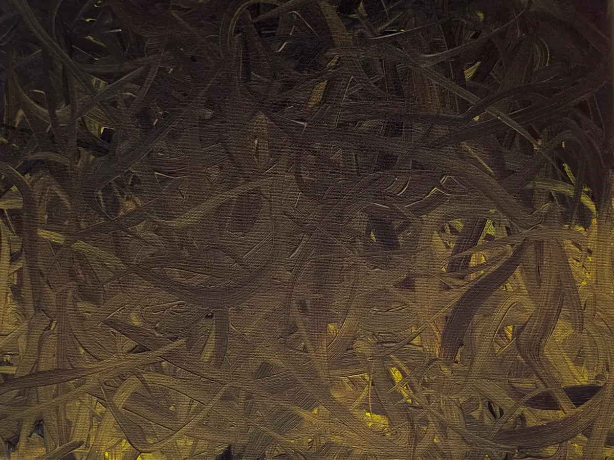 Dark brown ground covered in fine, tangled golden-brown strokes, lightening toward the lower right