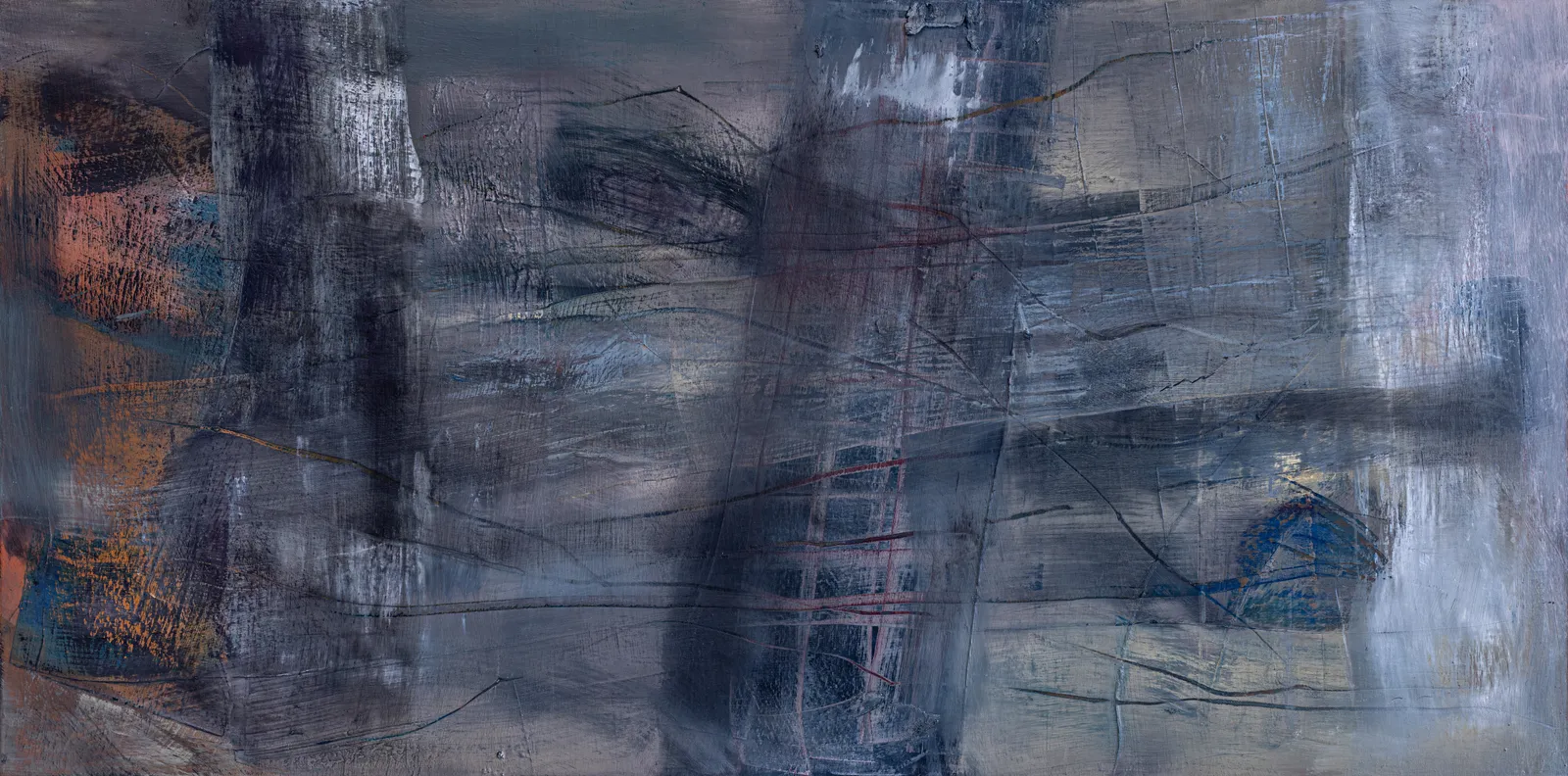 Wide grey-green canvas of smudged vertical bands and scratched lines, with rust and orange at the left, thin red strokes in the middle and a small dark blue shape at the right