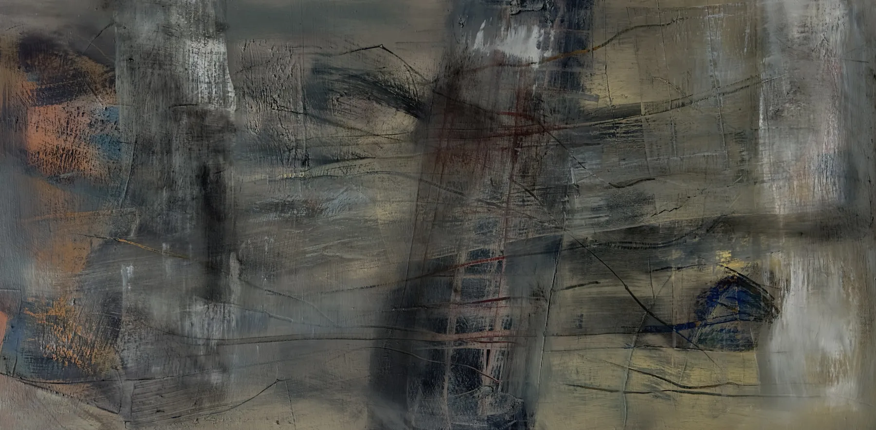 Wide grey-green canvas of smudged vertical bands and scratched lines, with rust and orange at the left, thin red strokes in the middle and a small dark blue shape at the right