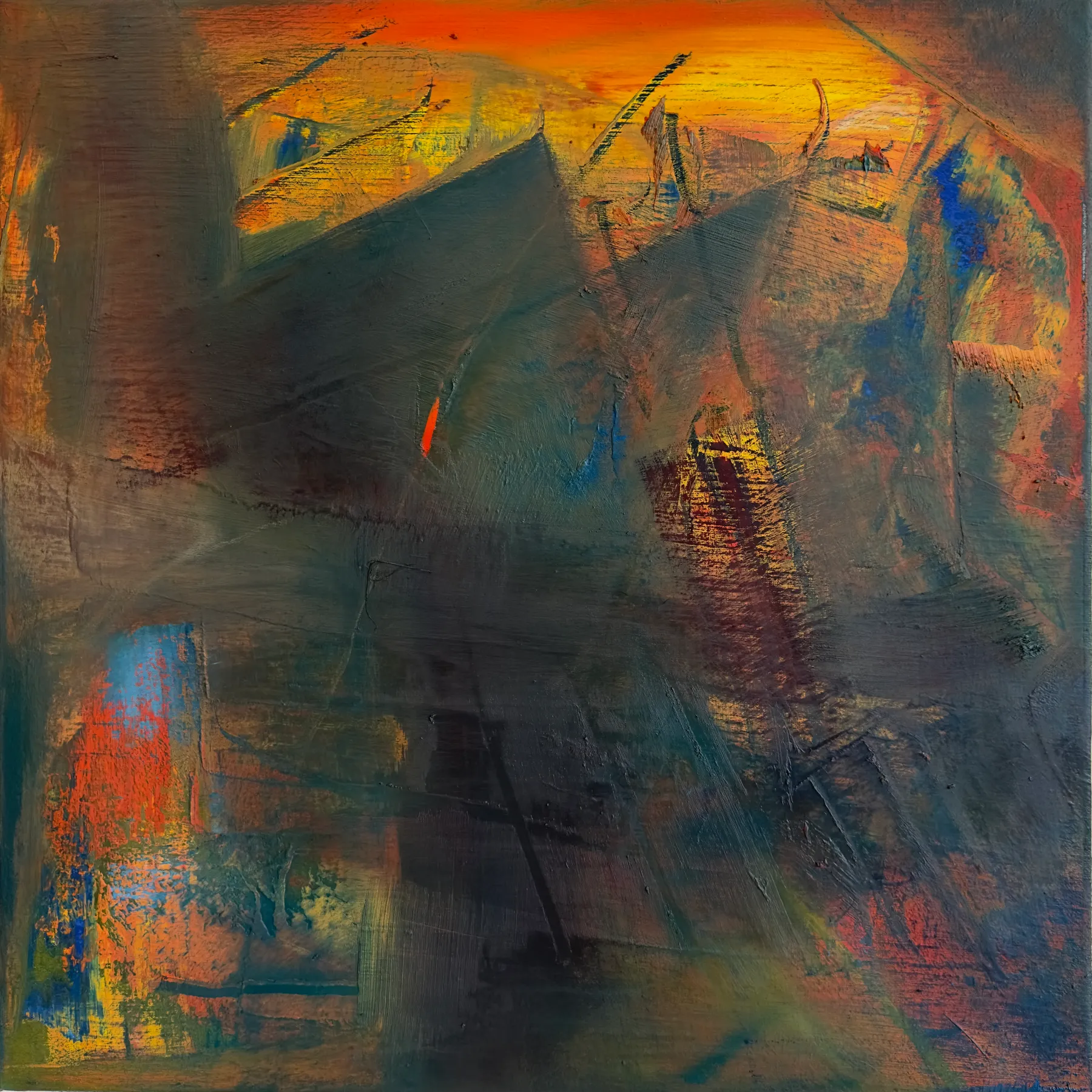 Square dark canvas of dragged grey-green and brown strokes under a band of burning orange and yellow at the top, with flecks of blue and red at the edges