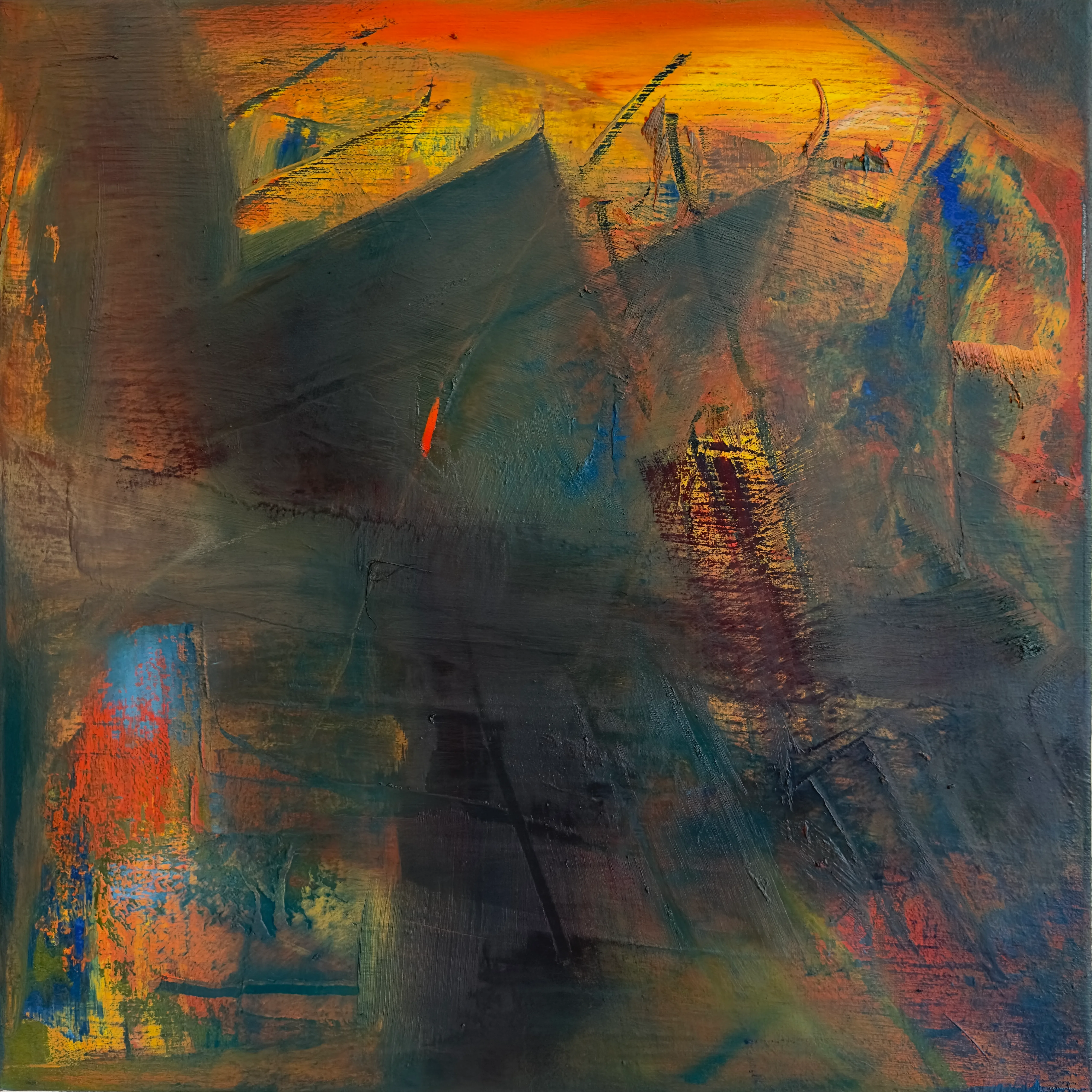 Square dark canvas of dragged grey-green and brown strokes under a band of burning orange and yellow at the top, with flecks of blue and red at the edges