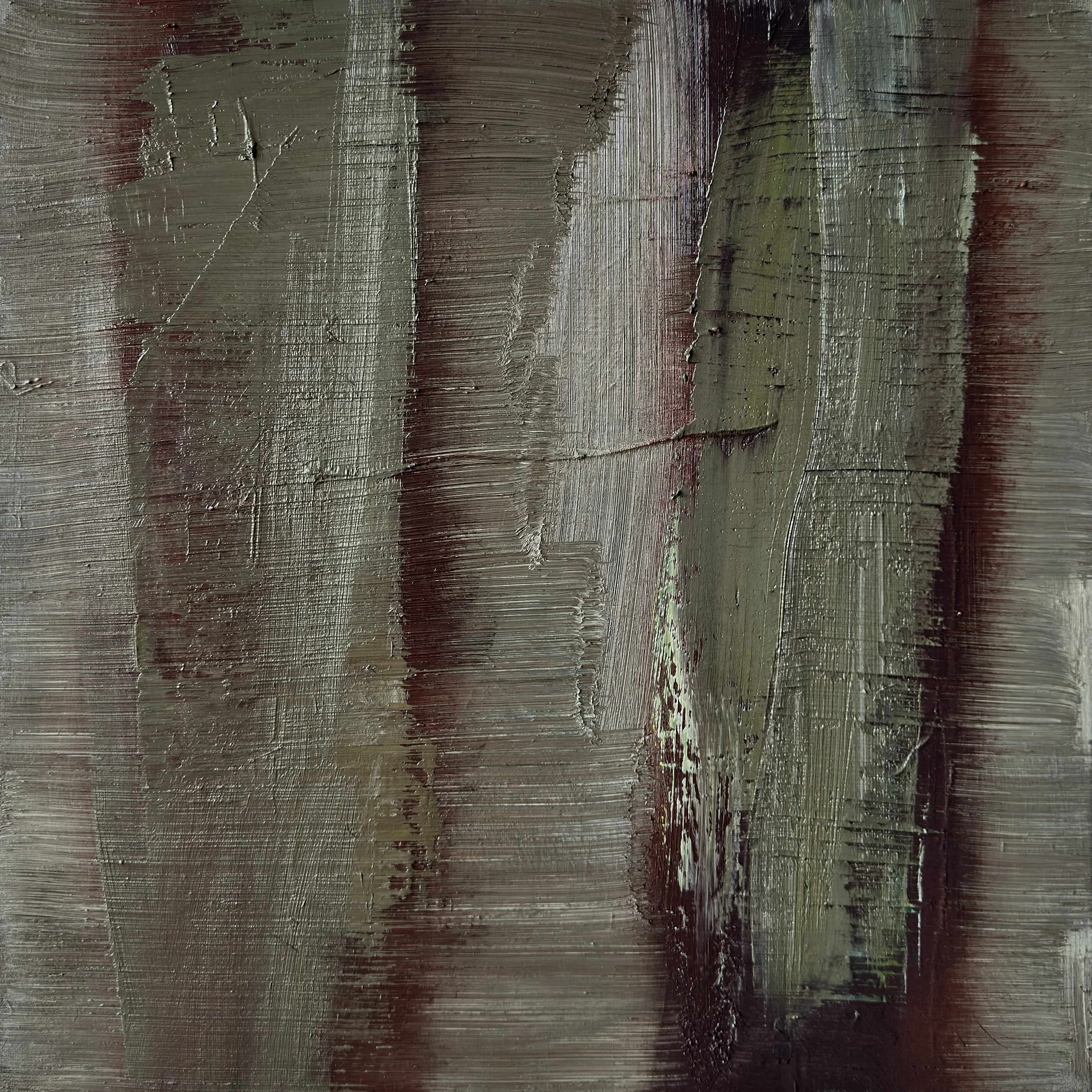 Square canvas of thick dragged vertical bands in grey-brown and olive green, split by dark maroon stripes