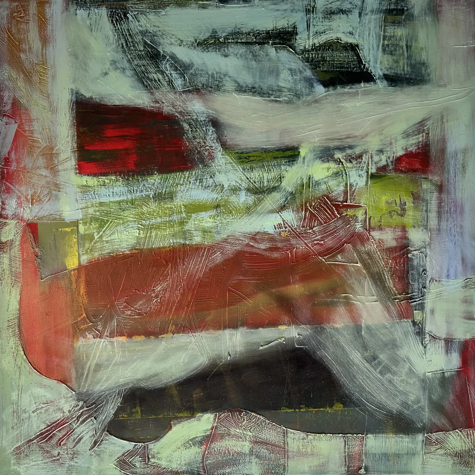 Square canvas of scraped pale green-white veils over blocks of red, rust, yellow-green and near-black