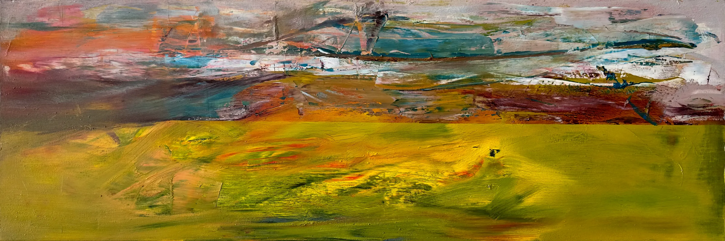 Long canvas with a broad field of yellow-green below a band of rust, teal and pinkish grey, worked with scraped white strokes