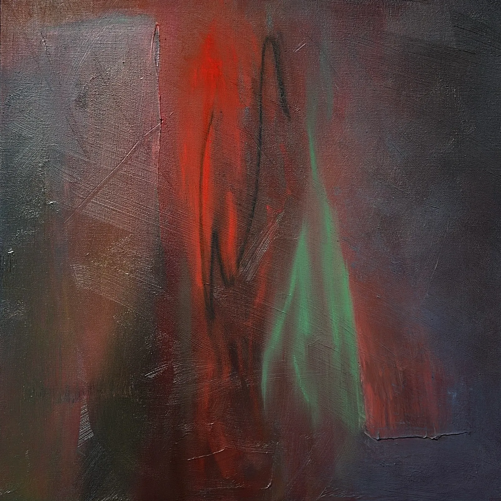 Dark plum ground with a bright red vertical band at the centre, pale green strokes to its right and a hazy pink patch at the left
